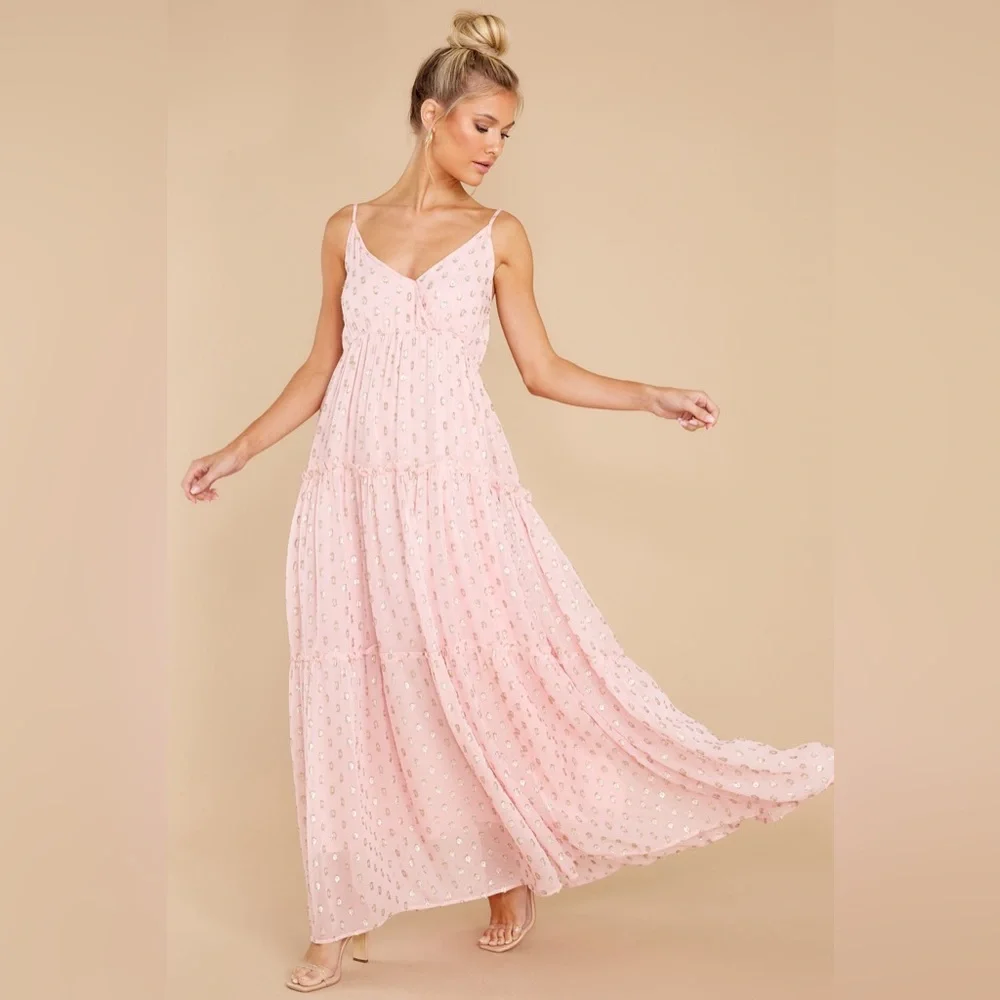 Red Dress Pink And Gold Print Maxi Dress Women’s Small - Picture 2 of 9